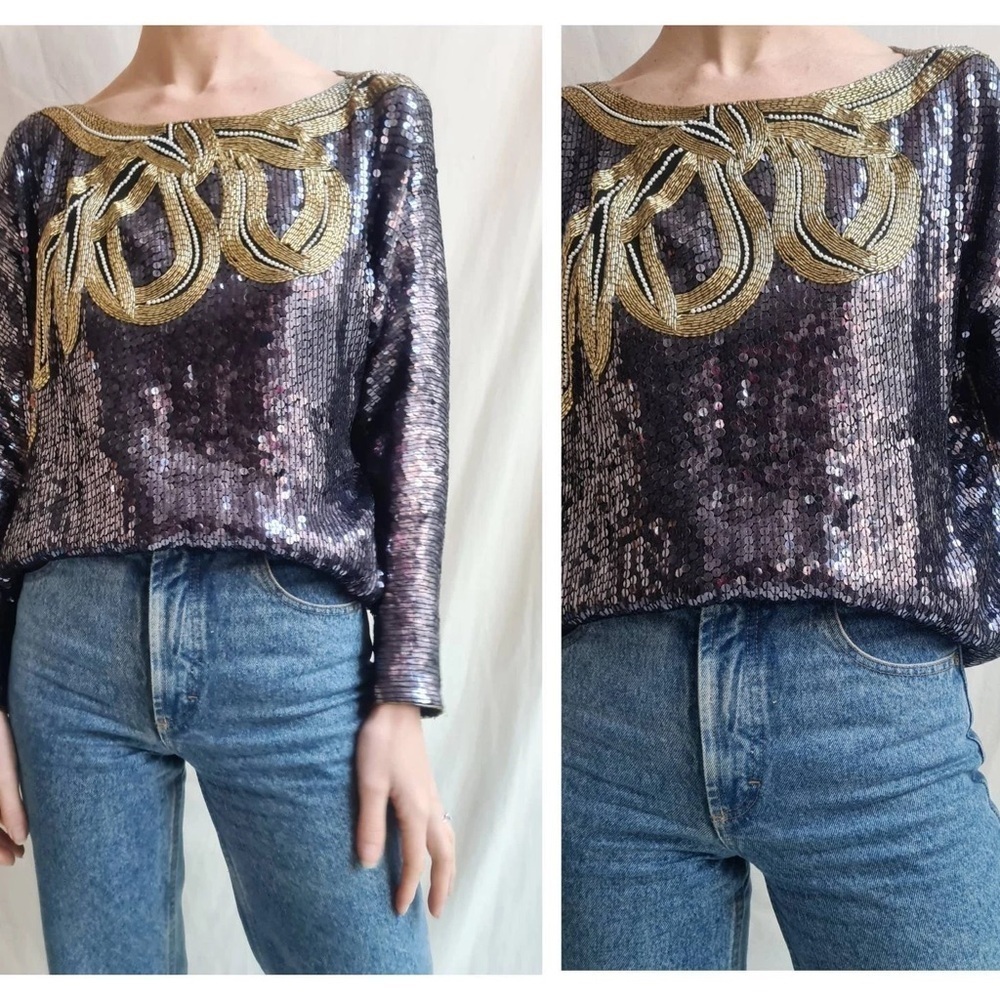 Vintage 80s Sequin Beaded 100% Silk size Small Black Gold Top, Evening